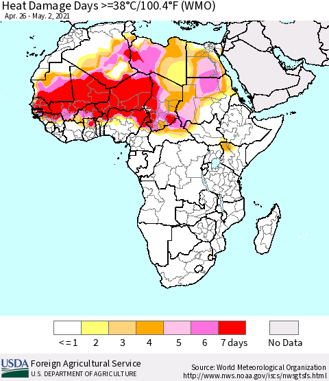 Africa Heat Damage Days >=38°C/100°F (WMO) Thematic Map For 4/26/2021 - 5/2/2021