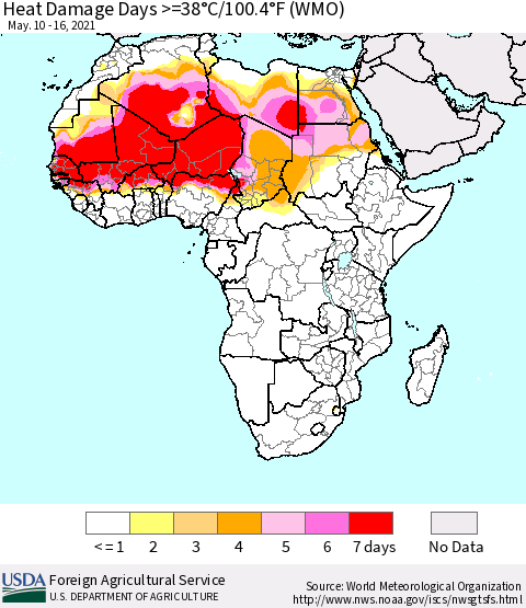Africa Heat Damage Days >=38°C/100°F (WMO) Thematic Map For 5/10/2021 - 5/16/2021