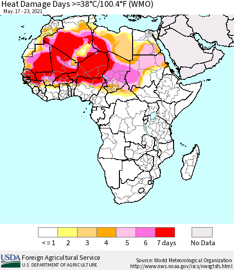 Africa Heat Damage Days >=38°C/100°F (WMO) Thematic Map For 5/17/2021 - 5/23/2021