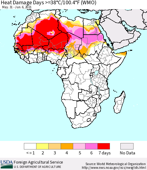 Africa Heat Damage Days >=38°C/100°F (WMO) Thematic Map For 5/31/2021 - 6/6/2021