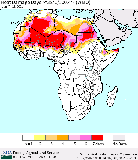 Africa Heat Damage Days >=38°C/100°F (WMO) Thematic Map For 6/7/2021 - 6/13/2021