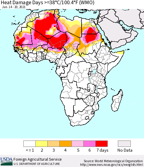 Africa Heat Damage Days >=38°C/100°F (WMO) Thematic Map For 6/14/2021 - 6/20/2021
