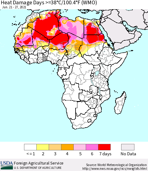Africa Heat Damage Days >=38°C/100°F (WMO) Thematic Map For 6/21/2021 - 6/27/2021