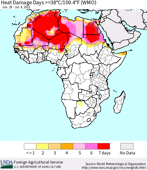 Africa Heat Damage Days >=38°C/100°F (WMO) Thematic Map For 6/28/2021 - 7/4/2021