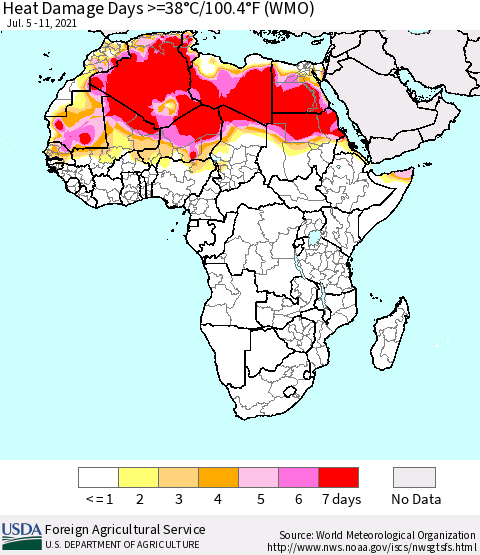 Africa Heat Damage Days >=38°C/100°F (WMO) Thematic Map For 7/5/2021 - 7/11/2021