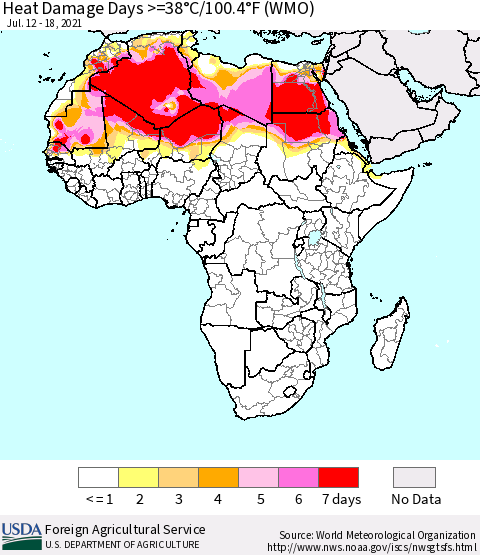 Africa Heat Damage Days >=38°C/100°F (WMO) Thematic Map For 7/12/2021 - 7/18/2021