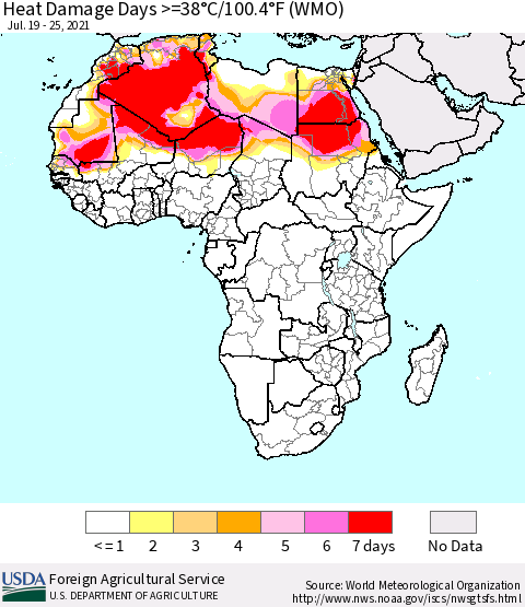 Africa Heat Damage Days >=38°C/100°F (WMO) Thematic Map For 7/19/2021 - 7/25/2021