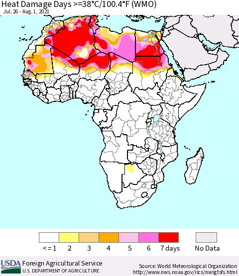 Africa Heat Damage Days >=38°C/100°F (WMO) Thematic Map For 7/26/2021 - 8/1/2021