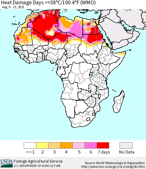 Africa Heat Damage Days >=38°C/100°F (WMO) Thematic Map For 8/9/2021 - 8/15/2021