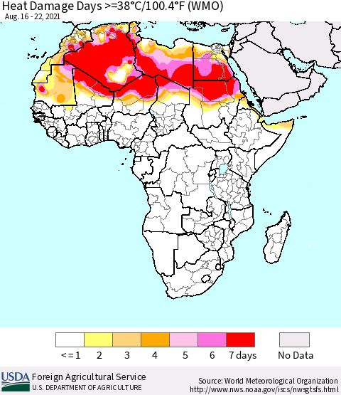 Africa Heat Damage Days >=38°C/100°F (WMO) Thematic Map For 8/16/2021 - 8/22/2021
