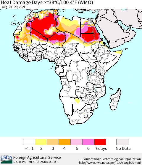 Africa Heat Damage Days >=38°C/100°F (WMO) Thematic Map For 8/23/2021 - 8/29/2021