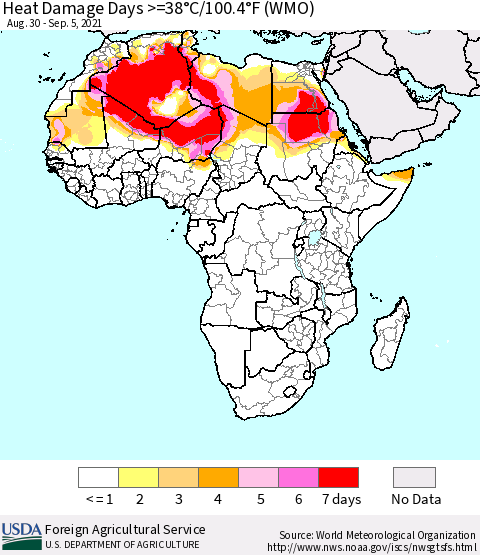 Africa Heat Damage Days >=38°C/100°F (WMO) Thematic Map For 8/30/2021 - 9/5/2021