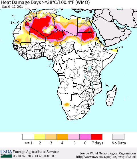 Africa Heat Damage Days >=38°C/100°F (WMO) Thematic Map For 9/6/2021 - 9/12/2021