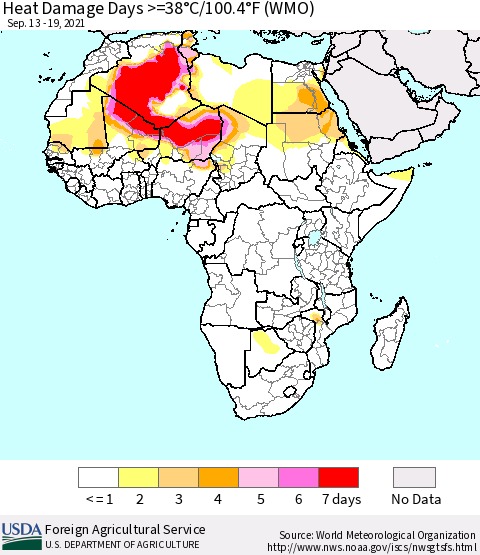 Africa Heat Damage Days >=38°C/100°F (WMO) Thematic Map For 9/13/2021 - 9/19/2021