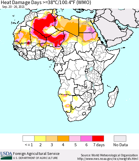Africa Heat Damage Days >=38°C/100°F (WMO) Thematic Map For 9/20/2021 - 9/26/2021