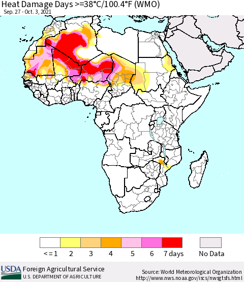 Africa Heat Damage Days >=38°C/100°F (WMO) Thematic Map For 9/27/2021 - 10/3/2021
