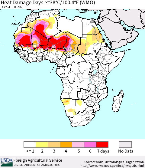 Africa Heat Damage Days >=38°C/100°F (WMO) Thematic Map For 10/4/2021 - 10/10/2021