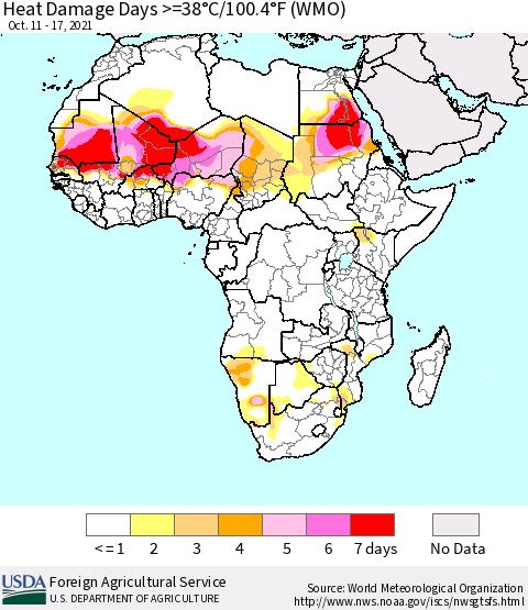 Africa Heat Damage Days >=38°C/100°F (WMO) Thematic Map For 10/11/2021 - 10/17/2021