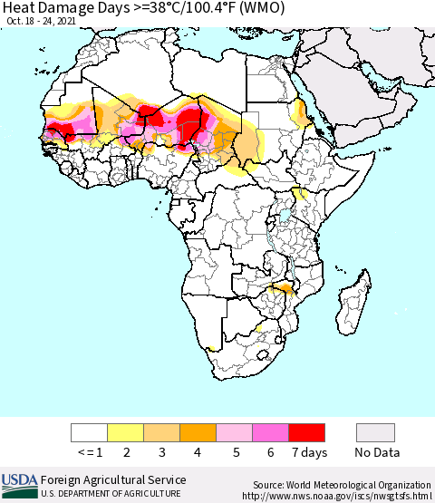 Africa Heat Damage Days >=38°C/100°F (WMO) Thematic Map For 10/18/2021 - 10/24/2021