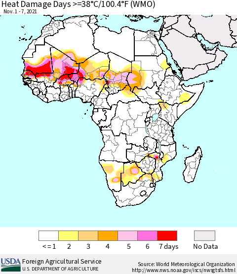 Africa Heat Damage Days >=38°C/100°F (WMO) Thematic Map For 11/1/2021 - 11/7/2021