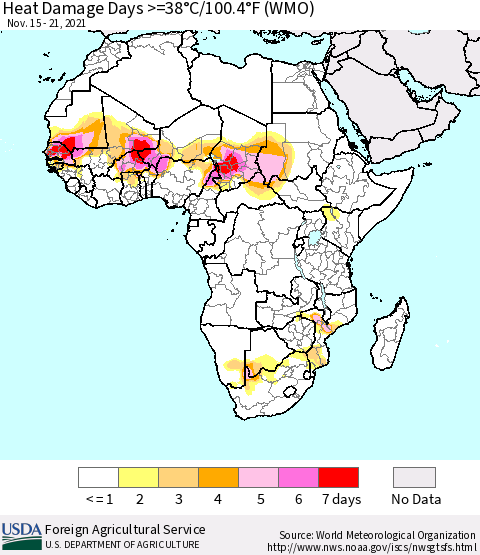 Africa Heat Damage Days >=38°C/100°F (WMO) Thematic Map For 11/15/2021 - 11/21/2021