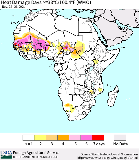 Africa Heat Damage Days >=38°C/100°F (WMO) Thematic Map For 11/22/2021 - 11/28/2021