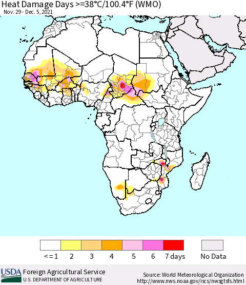 Africa Heat Damage Days >=38°C/100°F (WMO) Thematic Map For 11/29/2021 - 12/5/2021