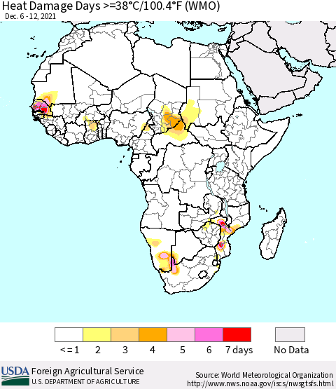 Africa Heat Damage Days >=38°C/100°F (WMO) Thematic Map For 12/6/2021 - 12/12/2021