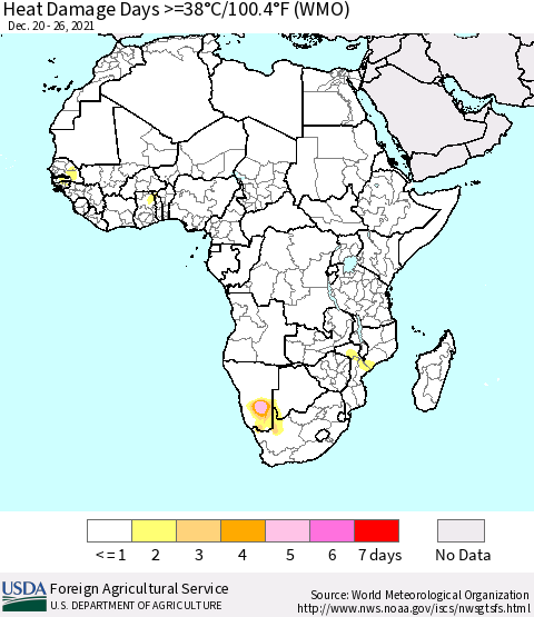 Africa Heat Damage Days >=38°C/100°F (WMO) Thematic Map For 12/20/2021 - 12/26/2021