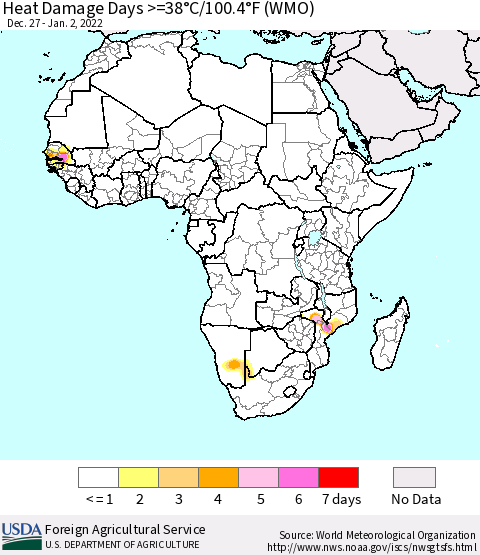 Africa Heat Damage Days >=38°C/100°F (WMO) Thematic Map For 12/27/2021 - 1/2/2022