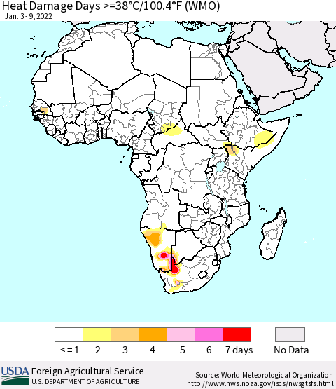 Africa Heat Damage Days >=38°C/100°F (WMO) Thematic Map For 1/3/2022 - 1/9/2022