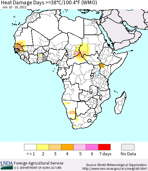 Africa Heat Damage Days >=38°C/100°F (WMO) Thematic Map For 1/10/2022 - 1/16/2022