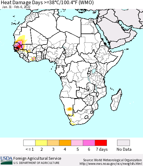 Africa Heat Damage Days >=38°C/100°F (WMO) Thematic Map For 1/31/2022 - 2/6/2022