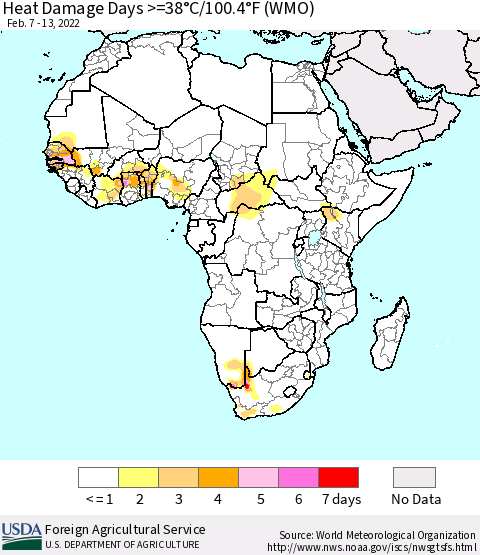 Africa Heat Damage Days >=38°C/100°F (WMO) Thematic Map For 2/7/2022 - 2/13/2022