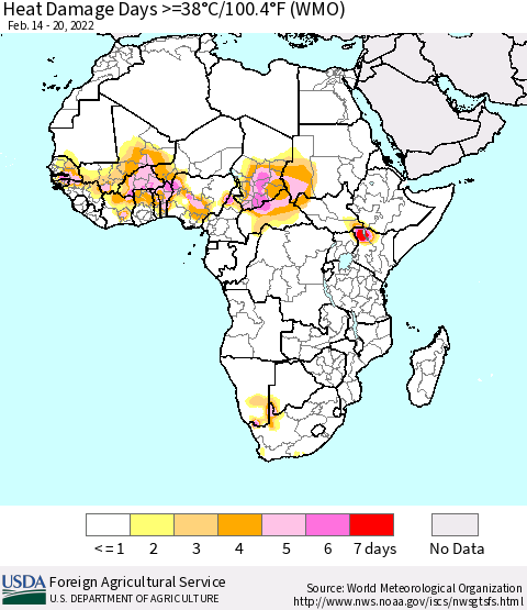 Africa Heat Damage Days >=38°C/100°F (WMO) Thematic Map For 2/14/2022 - 2/20/2022