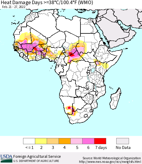 Africa Heat Damage Days >=38°C/100°F (WMO) Thematic Map For 2/21/2022 - 2/27/2022
