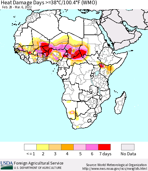 Africa Heat Damage Days >=38°C/100°F (WMO) Thematic Map For 2/28/2022 - 3/6/2022