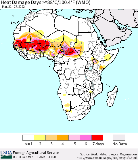 Africa Heat Damage Days >=38°C/100°F (WMO) Thematic Map For 3/21/2022 - 3/27/2022