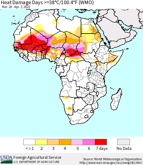 Africa Heat Damage Days >=38°C/100°F (WMO) Thematic Map For 3/28/2022 - 4/3/2022