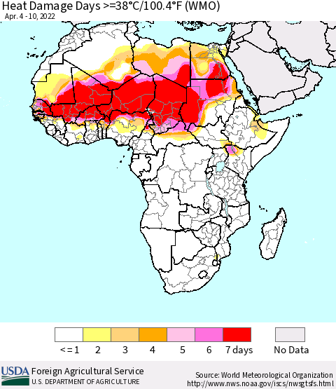 Africa Heat Damage Days >=38°C/100°F (WMO) Thematic Map For 4/4/2022 - 4/10/2022