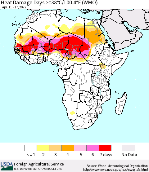 Africa Heat Damage Days >=38°C/100°F (WMO) Thematic Map For 4/11/2022 - 4/17/2022