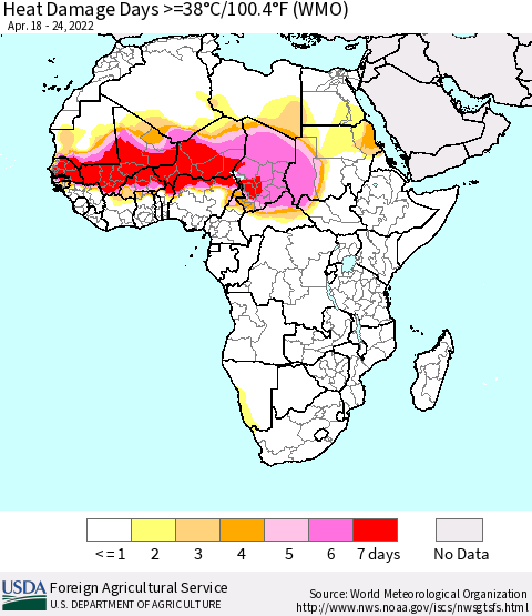 Africa Heat Damage Days >=38°C/100°F (WMO) Thematic Map For 4/18/2022 - 4/24/2022