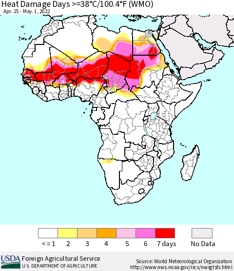 Africa Heat Damage Days >=38°C/100°F (WMO) Thematic Map For 4/25/2022 - 5/1/2022