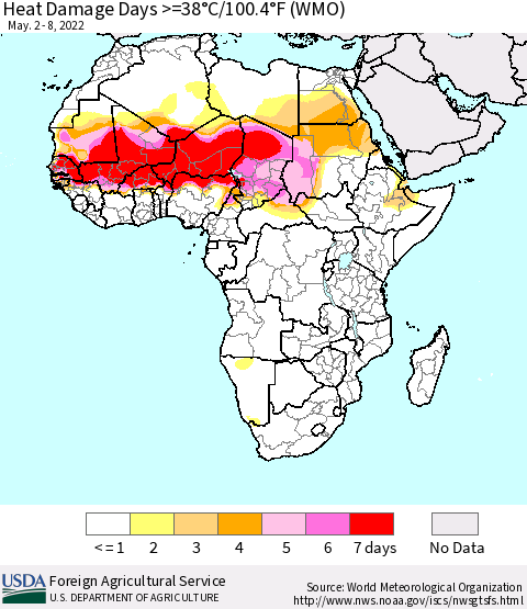Africa Heat Damage Days >=38°C/100°F (WMO) Thematic Map For 5/2/2022 - 5/8/2022