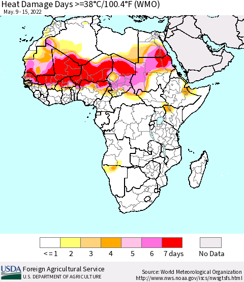 Africa Heat Damage Days >=38°C/100°F (WMO) Thematic Map For 5/9/2022 - 5/15/2022