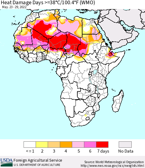Africa Heat Damage Days >=38°C/100°F (WMO) Thematic Map For 5/23/2022 - 5/29/2022