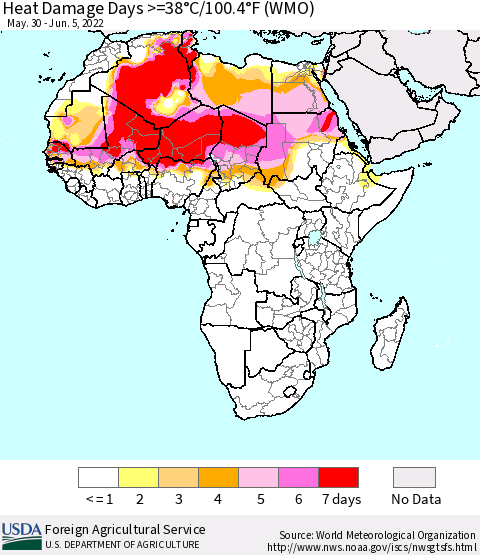 Africa Heat Damage Days >=38°C/100°F (WMO) Thematic Map For 5/30/2022 - 6/5/2022