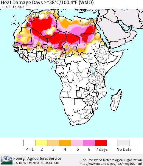Africa Heat Damage Days >=38°C/100°F (WMO) Thematic Map For 6/6/2022 - 6/12/2022