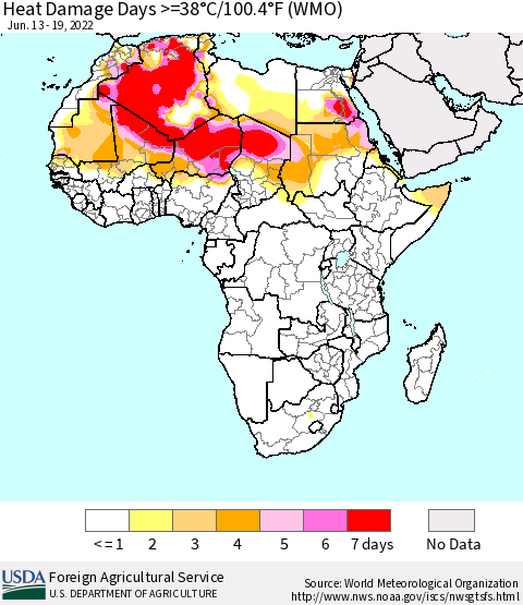 Africa Heat Damage Days >=38°C/100°F (WMO) Thematic Map For 6/13/2022 - 6/19/2022