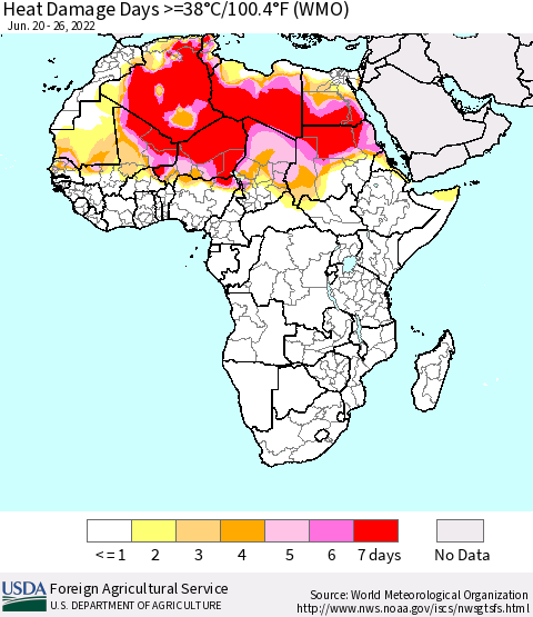 Africa Heat Damage Days >=38°C/100°F (WMO) Thematic Map For 6/20/2022 - 6/26/2022